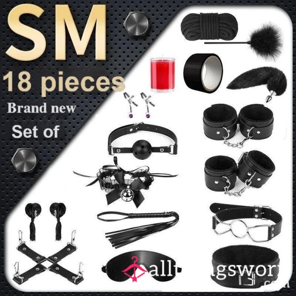 Sm Plush S** Toys Training Bundle Set 18-piece Set Leather Whip Handcuffs Foot Cuffs A**l Plugs Teasing Punishment
