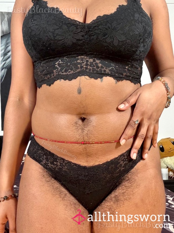 Small Black Cotton/Lace Thong (Hairy, All Natural, Hairy Pu**y, Hairy Bush, Hairy A**, Strong Scent, Musty, Workout, Sweat, Masturbation)
