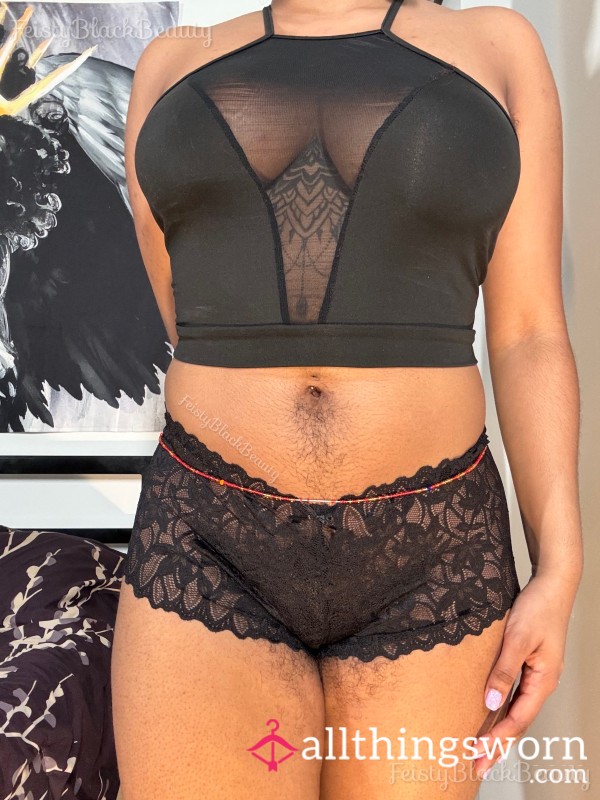 Small Black Lace Boy Shorts (Hairy, All Natural, Hairy Pu**y, Hairy Bush, Hairy A**, Strong Scent, Musty, Workout, Sweat, Masturbation)