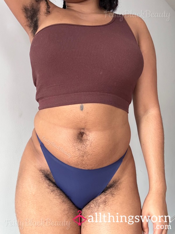 Small Blue Nylon Thong (Hairy, All Natural, Hairy Pu**y, Hairy Bush, Hairy A**, Strong Scent, Musty, Workout, Sweat, Masturbation)