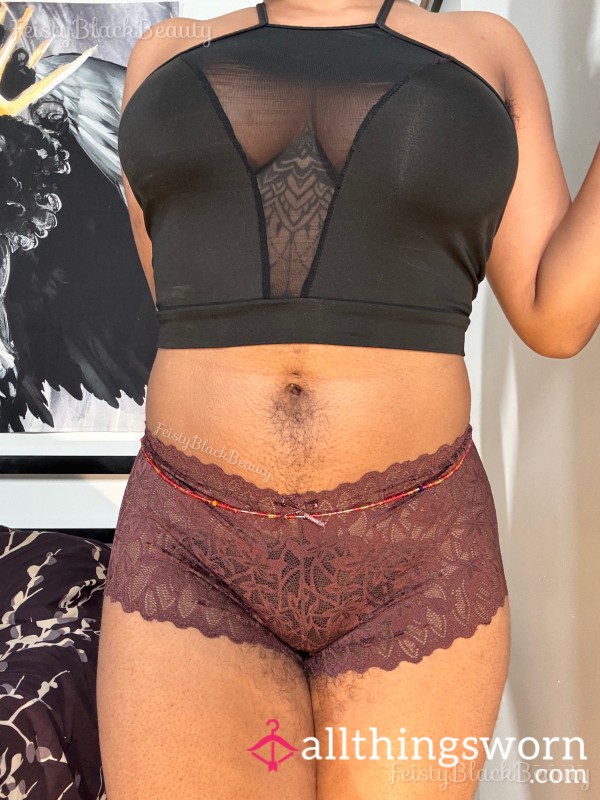 Small Plum Lace Boy Shorts (Hairy, All Natural, Hairy Pu**y, Hairy Bush, Hairy A**, Strong Scent, Musty, Workout, Sweat, Masturbation)