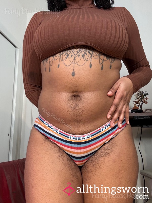 Small Striped Stretchy Cotton Bikini Panties (Hairy, All Natural, Hairy Pu**y, Hairy Bush, Hairy A**, Strong Scent, Musty, Workout, Sweat, Masturbation)