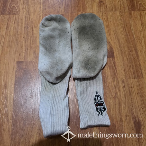 Heavily Worn, Smelly Cla**ic White Skull Socks With Foot Prints