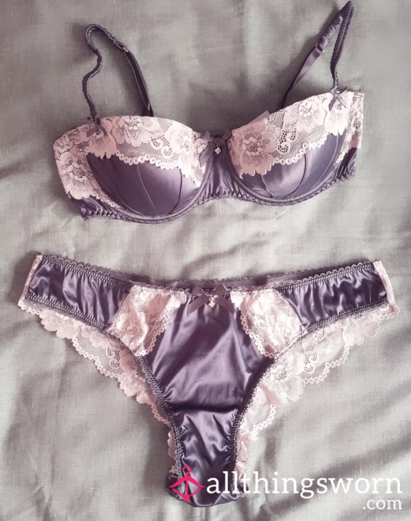 Puffy Grey Satin And Lace Lingerie With Bows And Diamanté. 38C Bra, 18-20 Panties (Can Be Sold Separately) ❤️