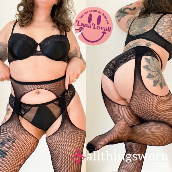 Snagged In Fishnet - Mock Garter Crotchless Fishnets (Size G / XL-XXL)