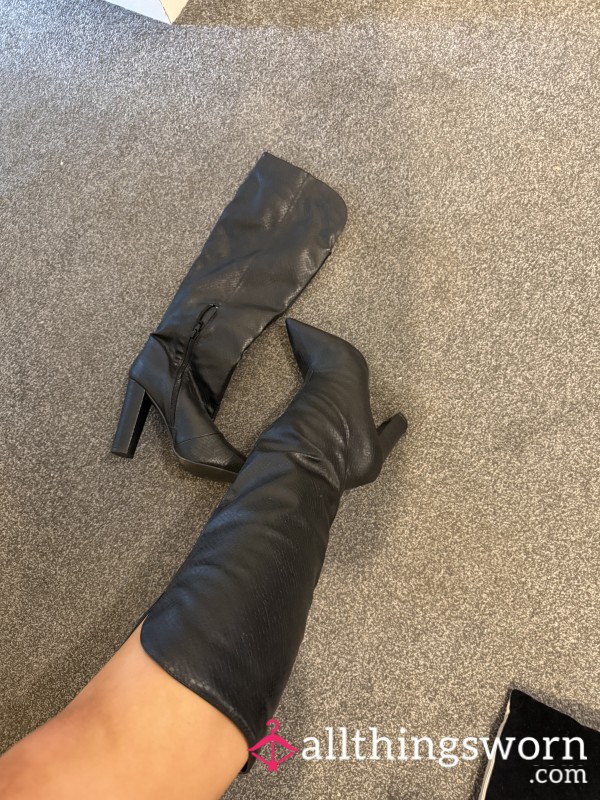 Snake Print Leather Knee High Heeled Boots ❤️