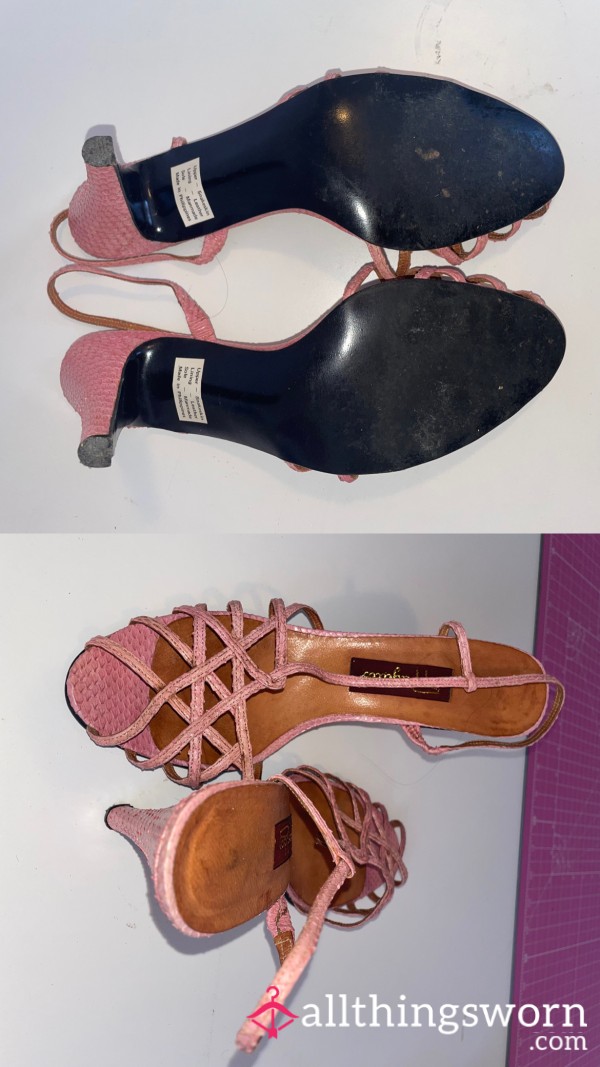 Snakeskin & Leather Pink Open Toe Strappy Heels - Well Worn & Dirty