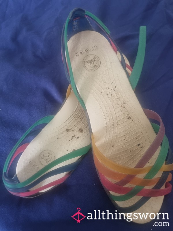 Snapped And Well Used Multi Colour Croc Sandals