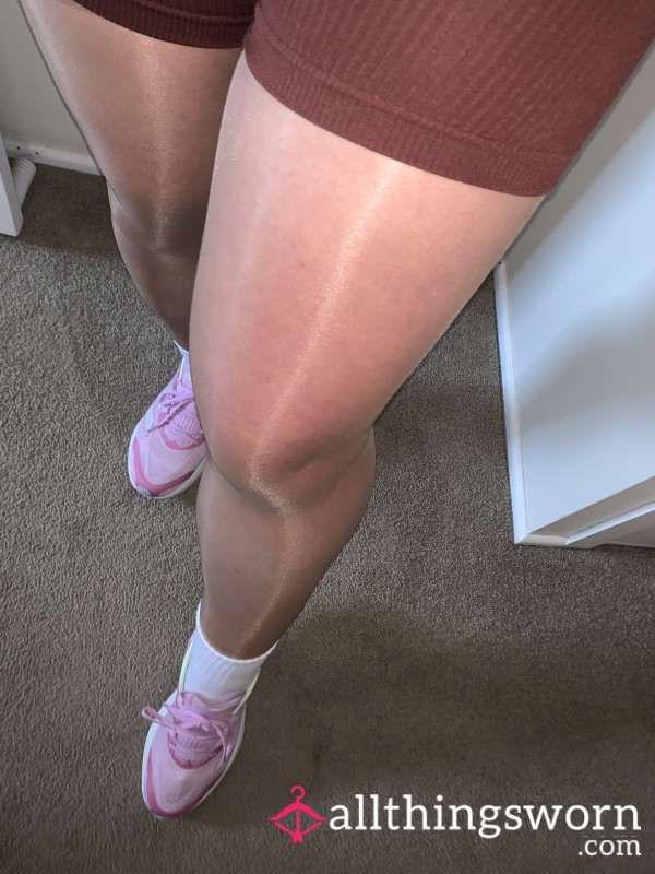 Sneakers, White Ankle Socks, Shiny Tan Tights, Feet And Toes