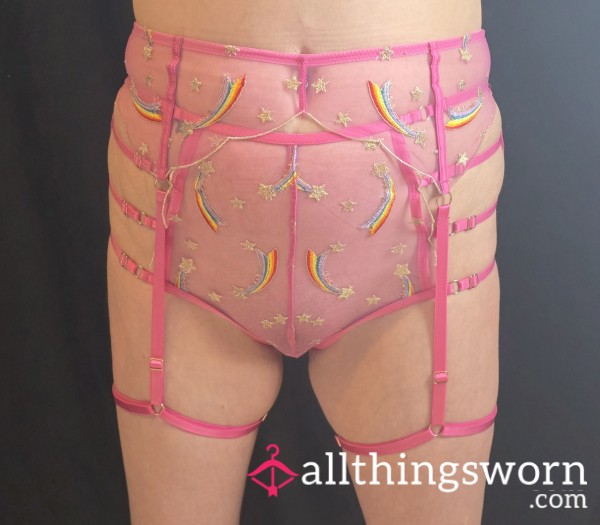 Soaked & Dripping For Your C*ck 💦 Pink Rainbow Garter & Panties