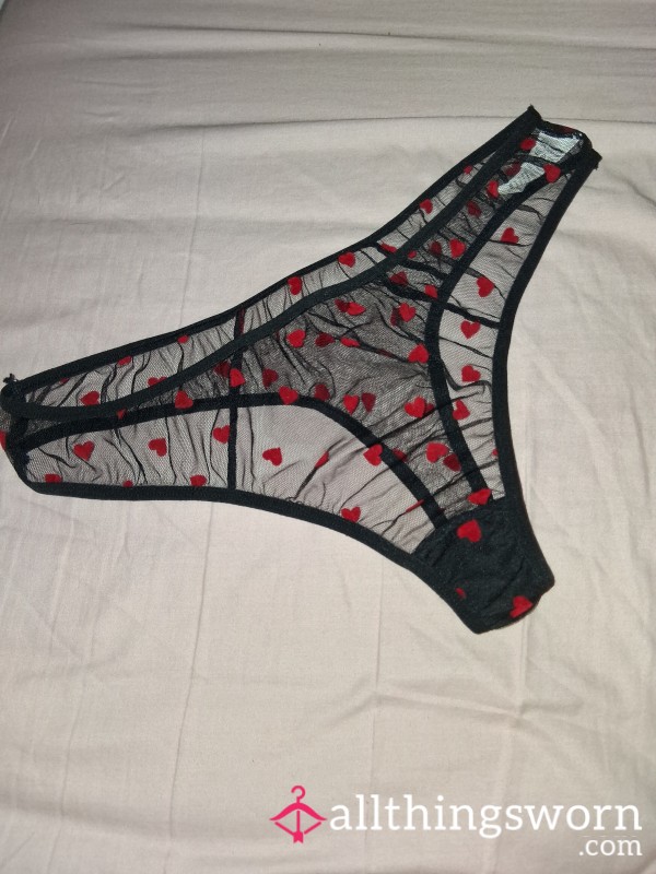 Soaked In Sin - Worn Black Sheer Thong With Tempting Red Hearts