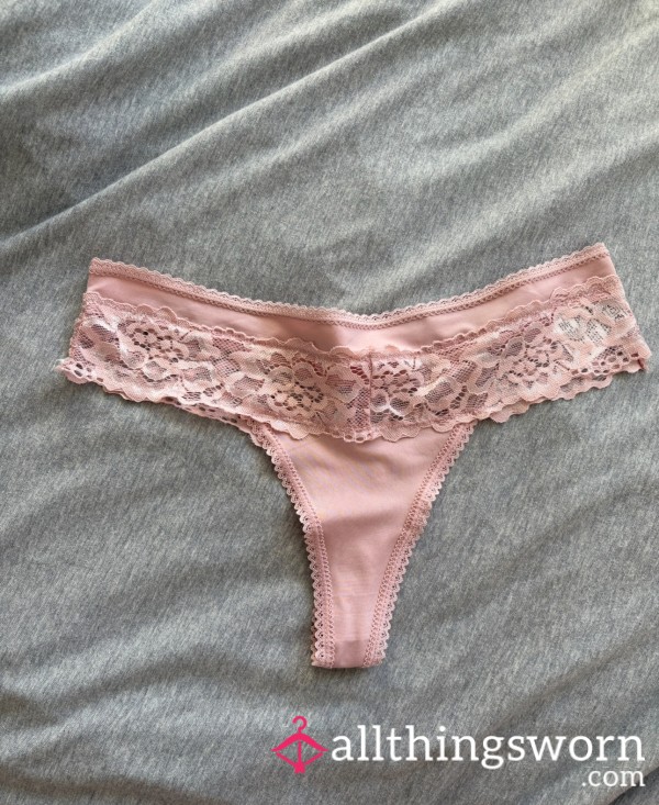 🌸 Soft Pink Lace Thong – Worn With Warmth & Elegance 💋