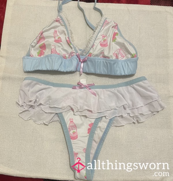Soft Ruffled Strawberry Milk Thong Lingerie Set 🍓