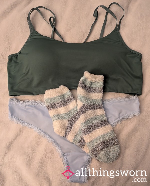 Soft Lounge Underwear Set Green Bralette Blue Thong