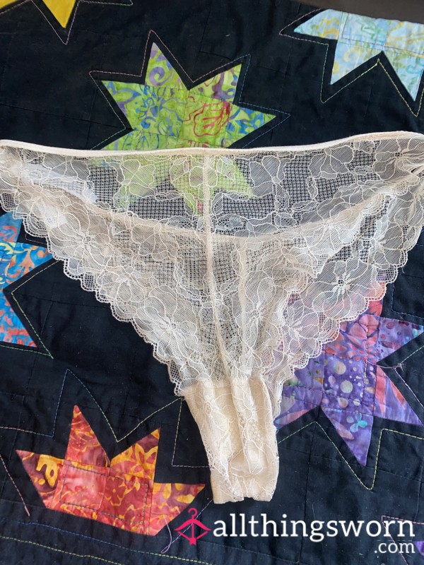 Soft & Soaked: Lightly-Worn Cream Lace Thong 💕
