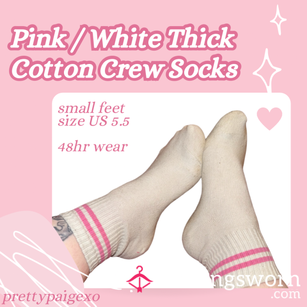 Soft & Thick Cotton Crew Socks 👣 White With Pink Stripes 💓 Size US 5.5 - 48hr Wear