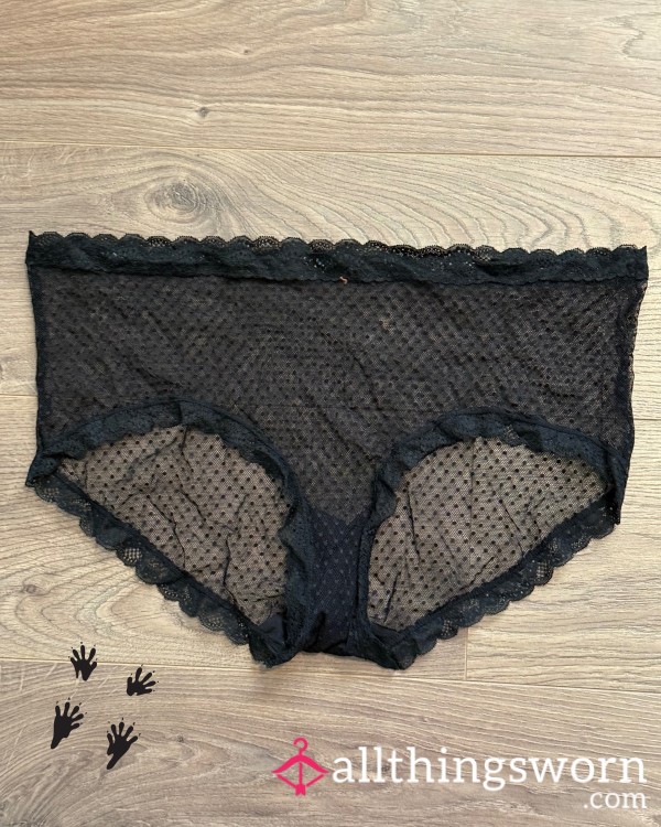 SOLD! Black Polkadot Mesh Full Back Panties With Lace Details