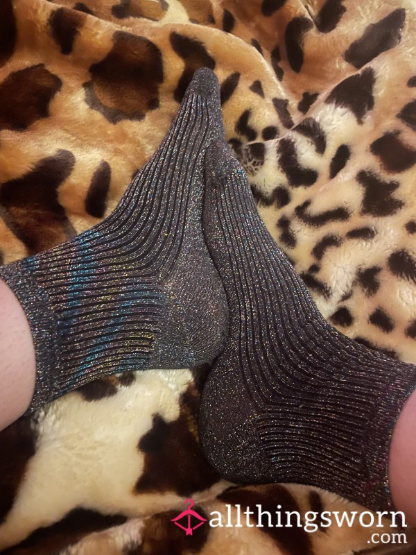 Sparkly Black And Rainbow Socks! Sweaty Material, Worn 3 Days