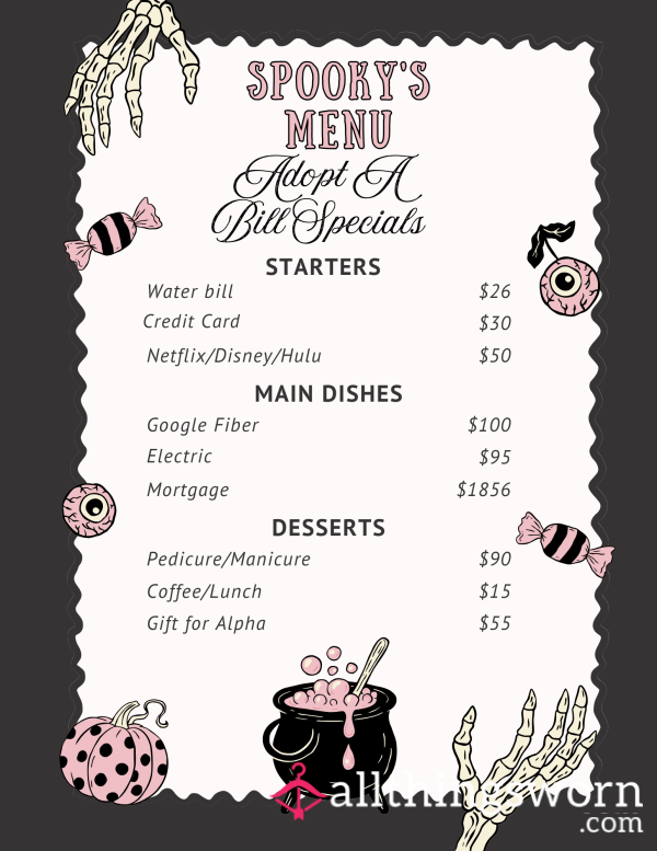 Sp**ky's Adopt A Bill Menu 🖤✨️