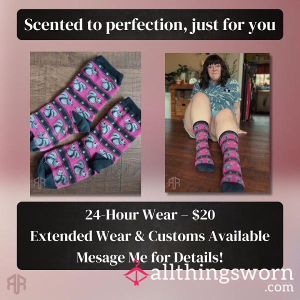 Worn Squirrel Socks – 24HR Scented Chaos In Purple & Black Stripes