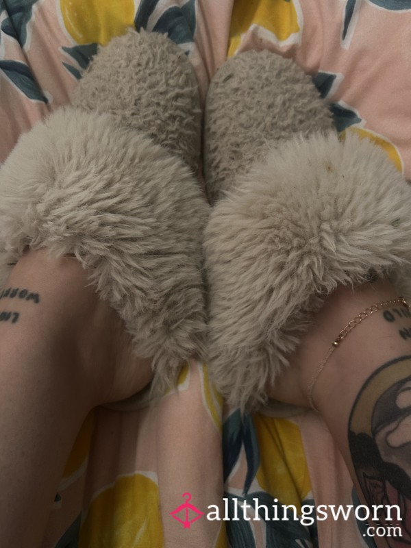 Stinky And Dirty Previously White Fluffy Slippers