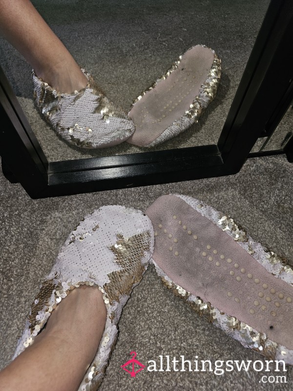 Stinky, Well-worn Sequin Slipper Socks With White Fur Insides 👣 Price Includes Further 1 Day Wear For Extra Scent