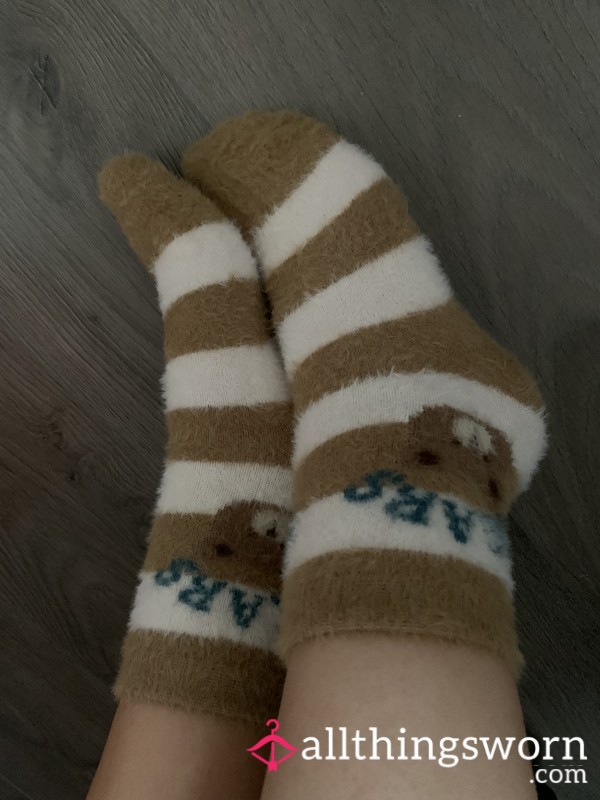 Striped Fuzzy Socks With Bears