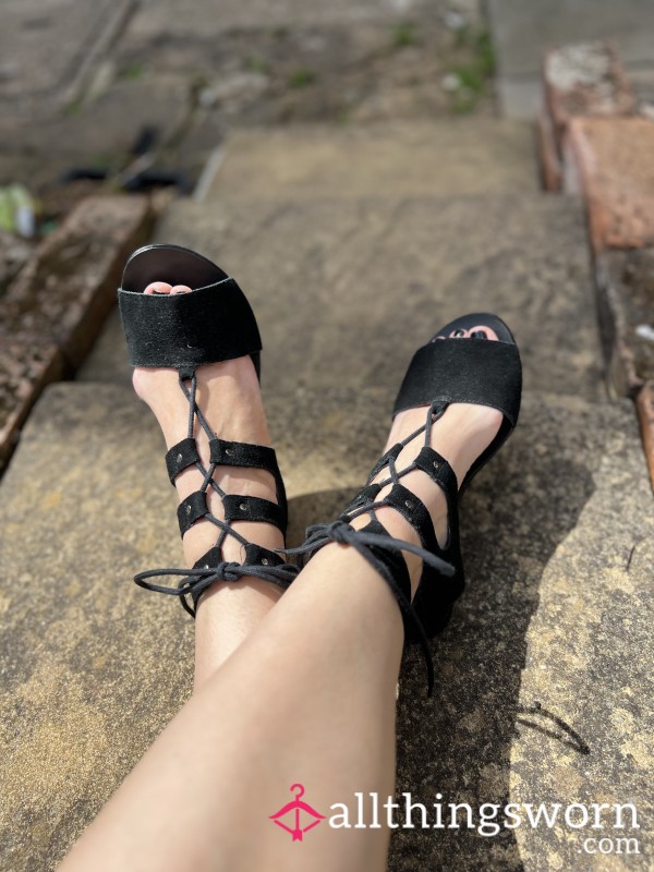 Summer Black Lace Up Shoes Well Worn In