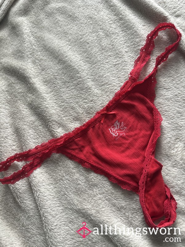 Sunday Funday Red Lace Trim Cupid Cotton Thong Knickers Undies Women’s Size 12 14 Uk S**y Cute