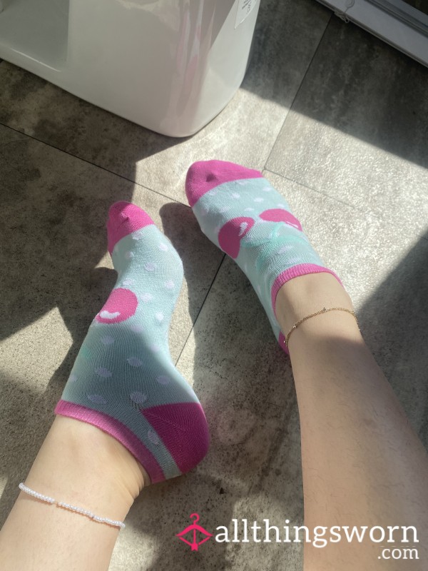 Super Cute Pink And Mint Green Cherry Ankle Socks- Ready To Wear 48 Hours