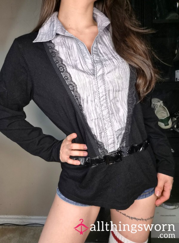 🖤Super Old Well Worn P**ling Office Work Faux Leather Belted Collard Office Bu*ton Up Top Y2k Japanese Asian Gym Girl Slim Thick Tattoos Booty Athletic Petite Fitness Model Personal Trainer