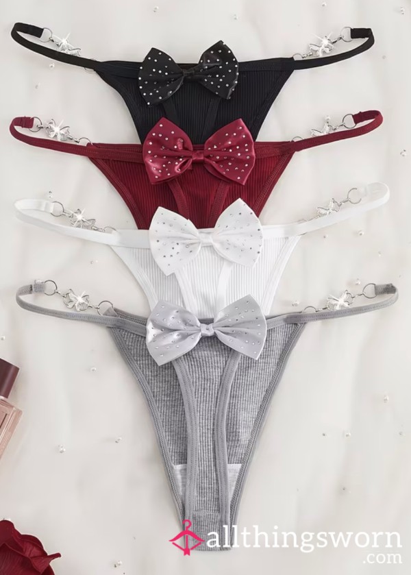 Super S**y Worn Thongs. Sparkle And Bows And Rubbing Against My S**y Pu**y And A** For A Minimum Of 24 Hours With Extra Add Ons Available 🔥🔥 Get Your Booked In Now 😈😈