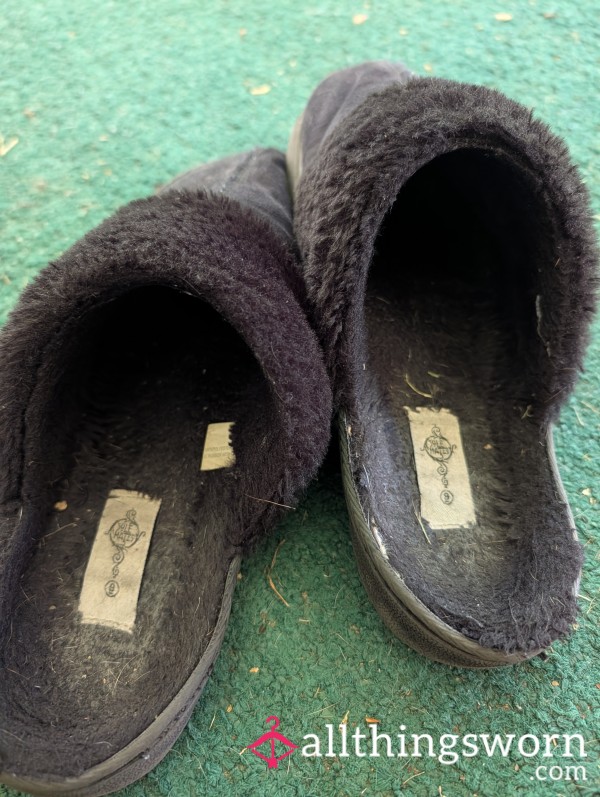 Super Worn, Dirty, Black Fuzzy Slippers