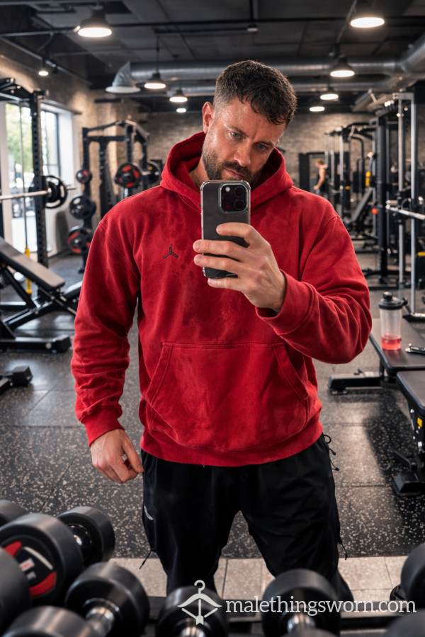 Sweat-Soaked Red Jordan Hoodie After Intense Session