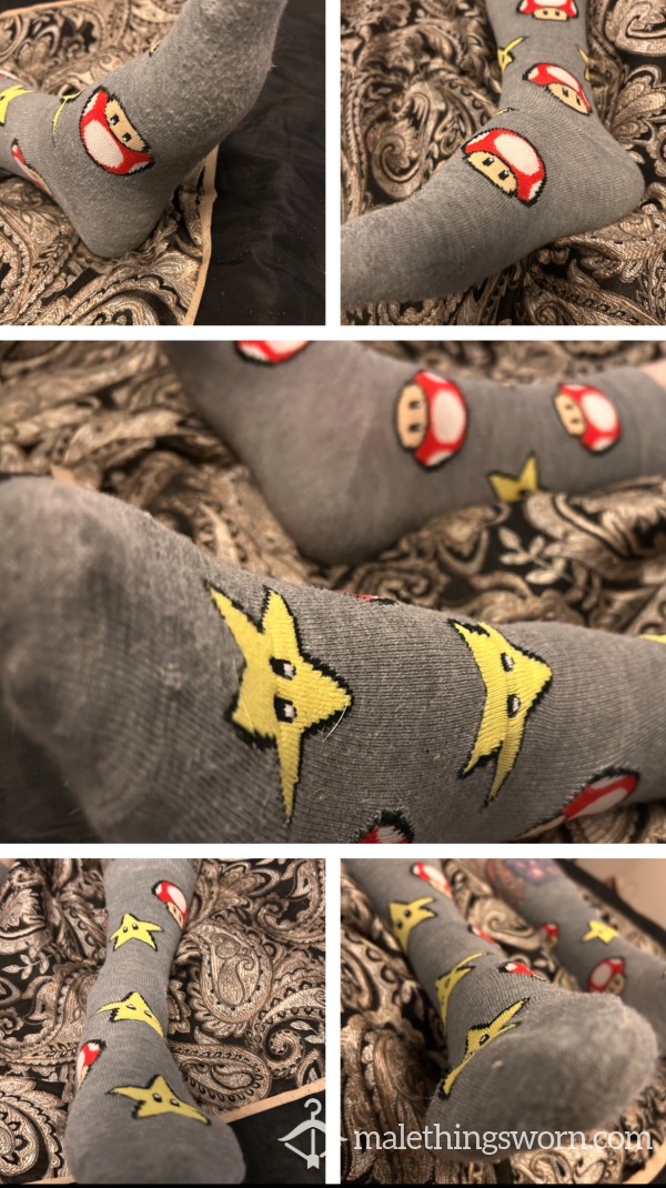 Sweaty Mario Stars And Shrooms Themed Socks - Size 13 US Feet