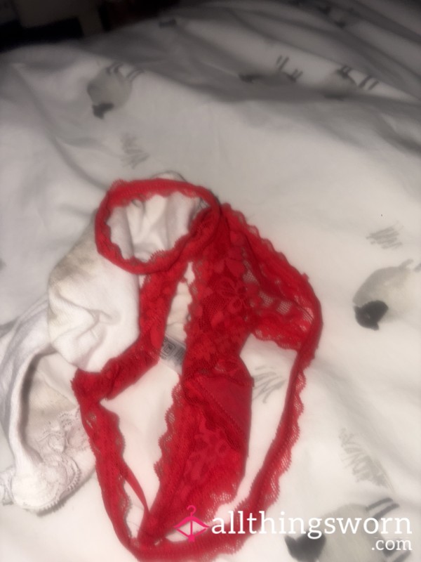 Sweaty Red Lacy Thong And Dirty Frilly Socks Combo
