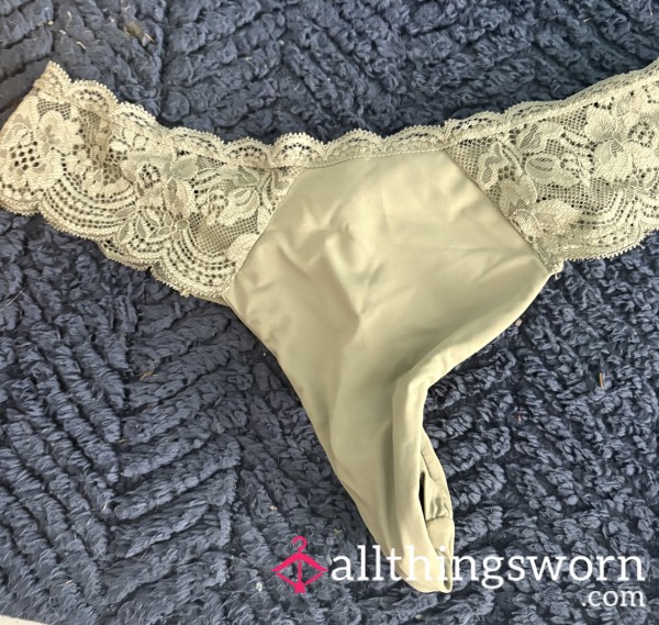 Sweaty Well Worn, Green Satin And Lace Thong