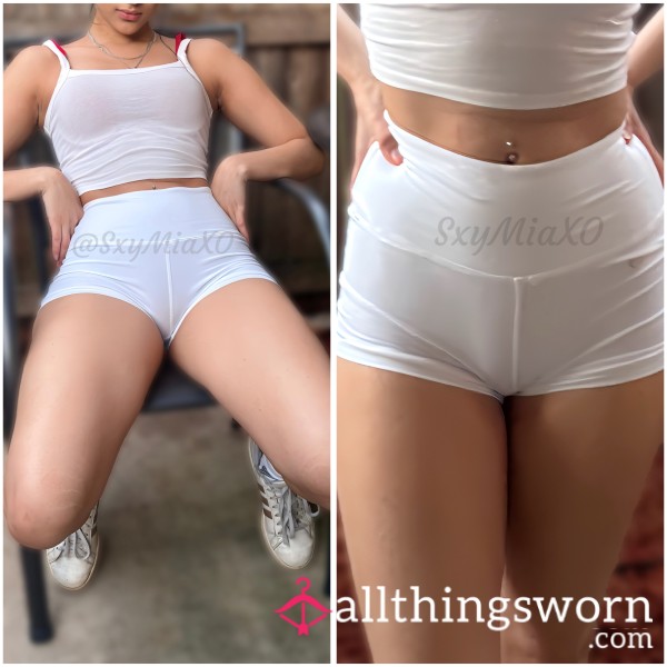 Sweaty White Spandex Gym Shorts 24-hr Wear And 1-hr Workout, 19-yr-old College Cutie