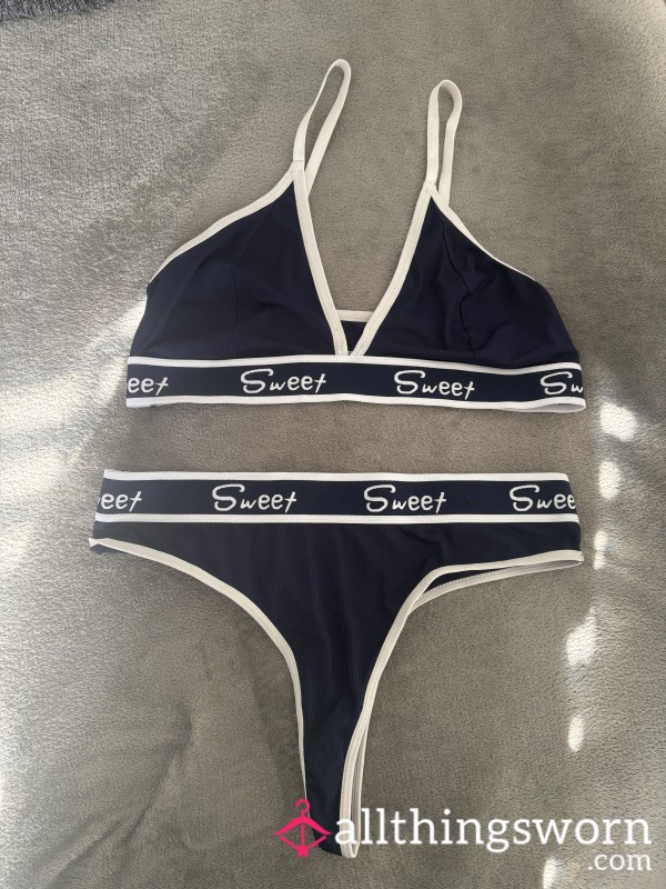Sweet Logo Bralette & Thong Set – Navy Blue Ribbed Lingerie Set With Contrast Trim