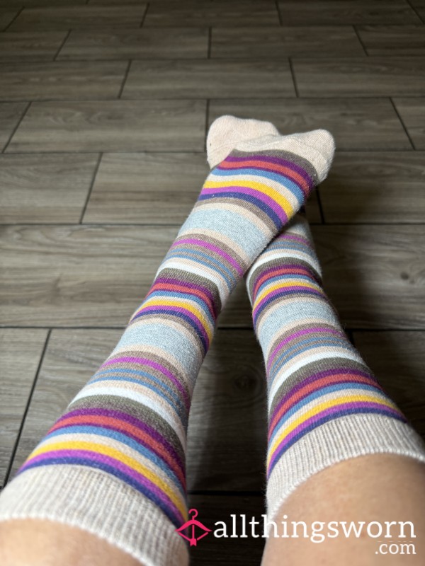 Tall Striped Socks Worn Cleaning