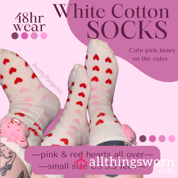Tall White Cotton Socks 💕 Care Bears With Hearts 💋 Small Feet Size 5.5, 48hr Wear