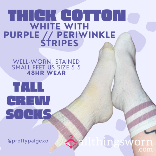Tall White Crew Socks; Size 5.5 💜 Purple/periwinkle Stripes 👣 Well-worn & Stained — 48hr Wear