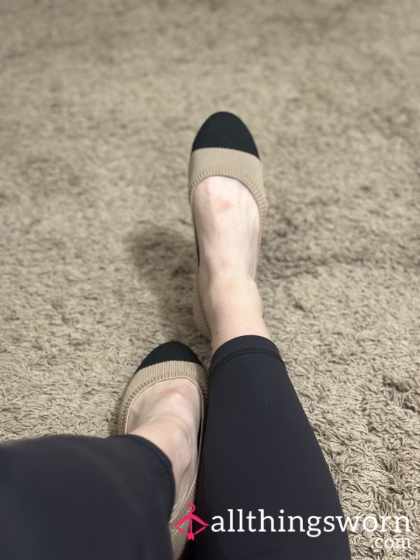 Tan Canvas And Black Teacher Flats
