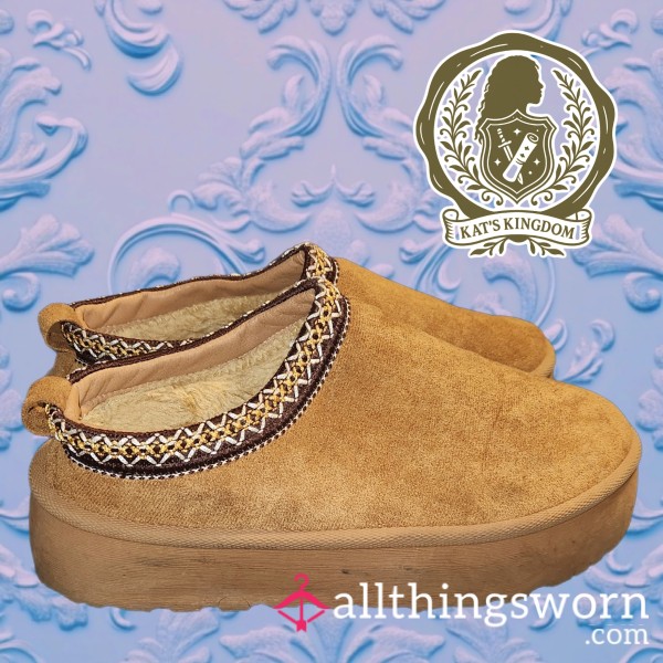 Tan Faux Fur Platform Slippers (UGG Style)