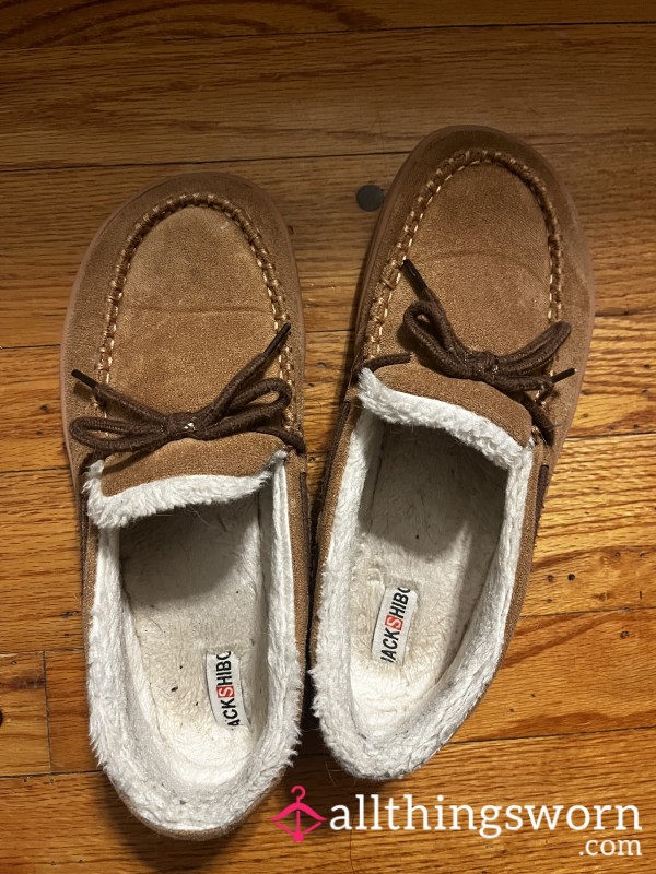 Tan Fuzzy Leather Moccasin House Shoe