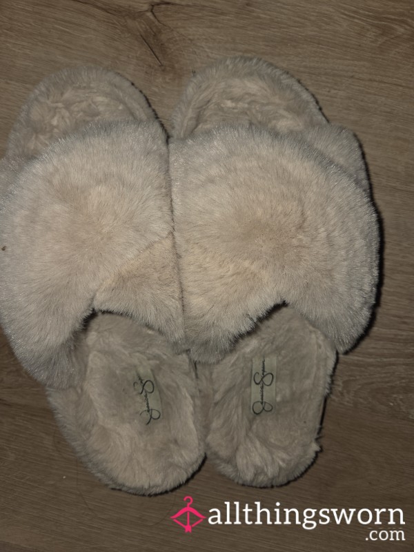 Tan, Fuzzy,  Open Toed Slippers