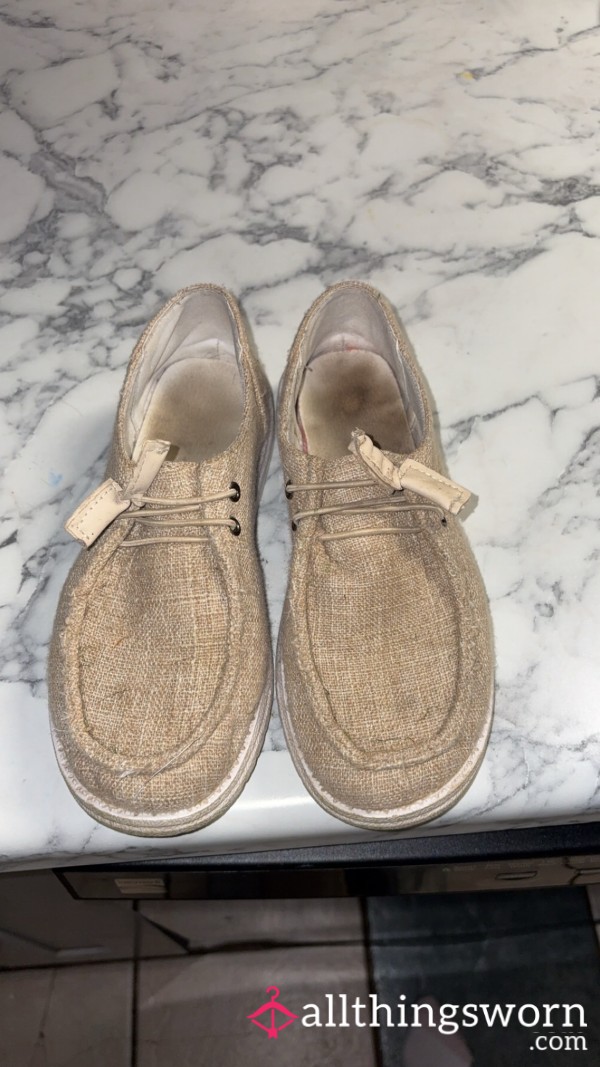 Tan Slip On Very Worn Canvas Shoes!