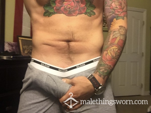 Tattooed Straight Guy’s Worn Gray Boxer Briefs — Custom Wear Available