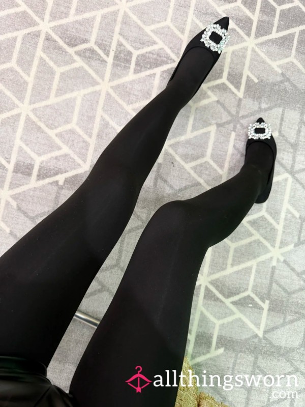 The Black Stockings Are On... Now I Slide My Arched Foot Into These Pointed Black Leather Shoes.