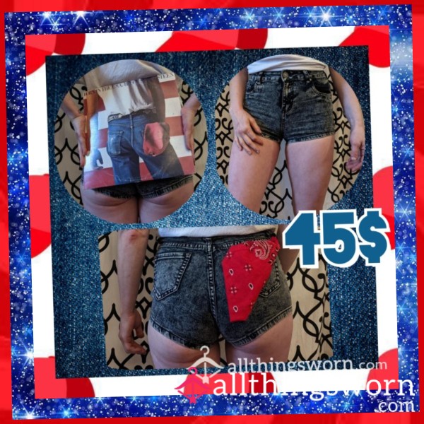 💙💢🎼 "THE BOSS" Denim Shorts: The Vinyl Collection: Born In The U.S.A 🎼💢💙